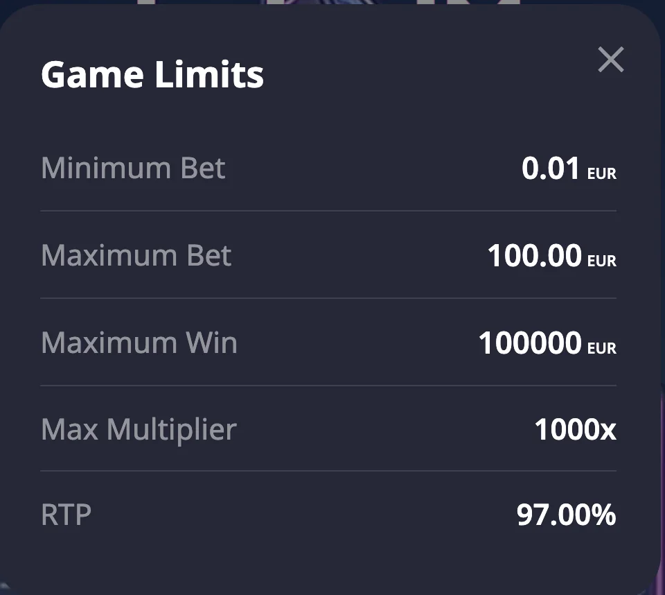 Stack King captured game limits Stack King Game Limits panel showing RTP, bet range, maximum win and multiplier