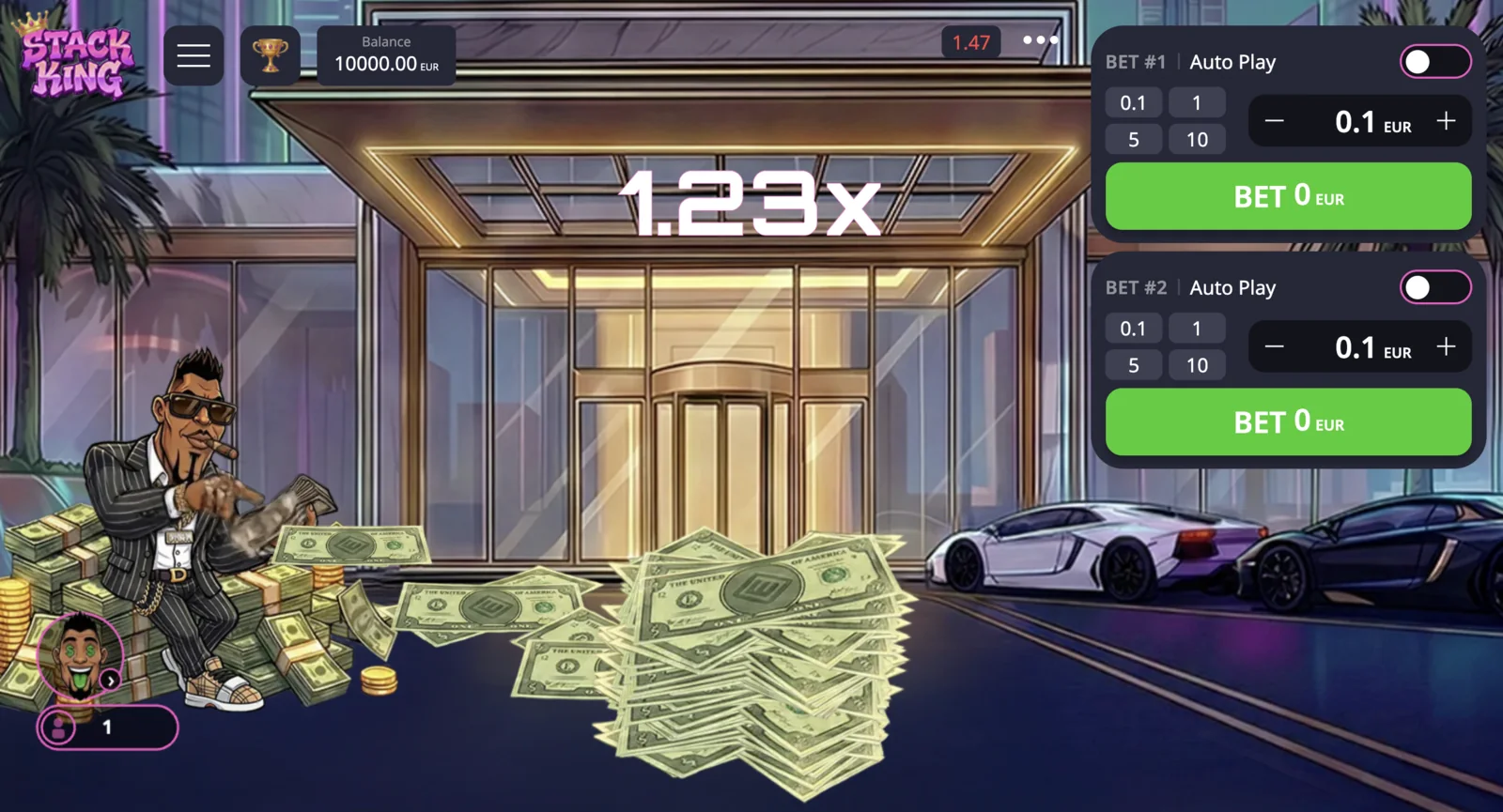 Stack King slot interface with two bet panels and multiplier